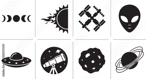 Tablou pe pânză Space icons, astronomy symbols, black vector set, 8 elements, celestial bodies