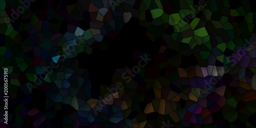 Dark abstract mosaic with vibrant jewel-toned polygonal fragments in green blue purple and brown against a black void