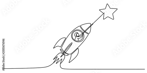 Continuous one line drawing of a rocket ship flying towards a star in outer space representing business growth, success, innovation, exploration and ambition