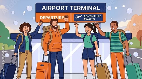 Four diverse travelers excitedly standing at airport terminal departure board with luggage, ready for adventure in vibrant cartoon style