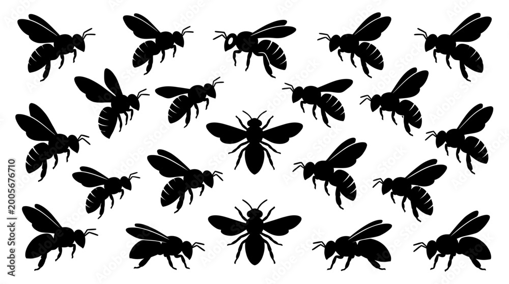 Fototapeta premium Multiple bee silhouettes in side view, solid black shapes.