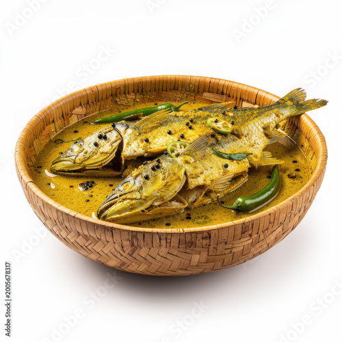 Shorshe Ilish in Bamboo Bowl Isolated on White Background Square Composition Studio Shot