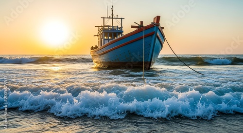 Traditional wooden fishing boat anchored on calm ocean waves during a vibrant golden sunset in Vietnam, cinematic style, peaceful atmosphere