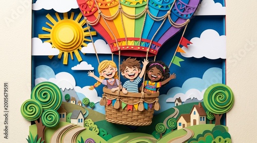 Happy Children's Day Papercut Illustration of Kids in Rainbow Hot Air Balloon