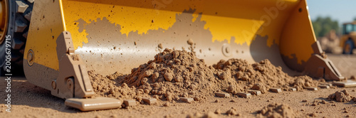 Excavator bucket with wet dirt on construction site, heavy machinery for moving soil and debris seen. Excavator bucket shows clay material and dirt accumulation on ground,