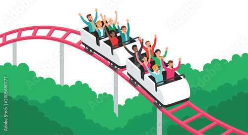 A full train of thrilled people moves along a curved red roller coaster track above a dense green forest canopy shown in an isometric perspective design style.