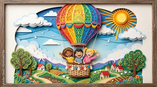 Happy Children's Day Papercut Illustration of Kids in Rainbow Hot Air Balloon