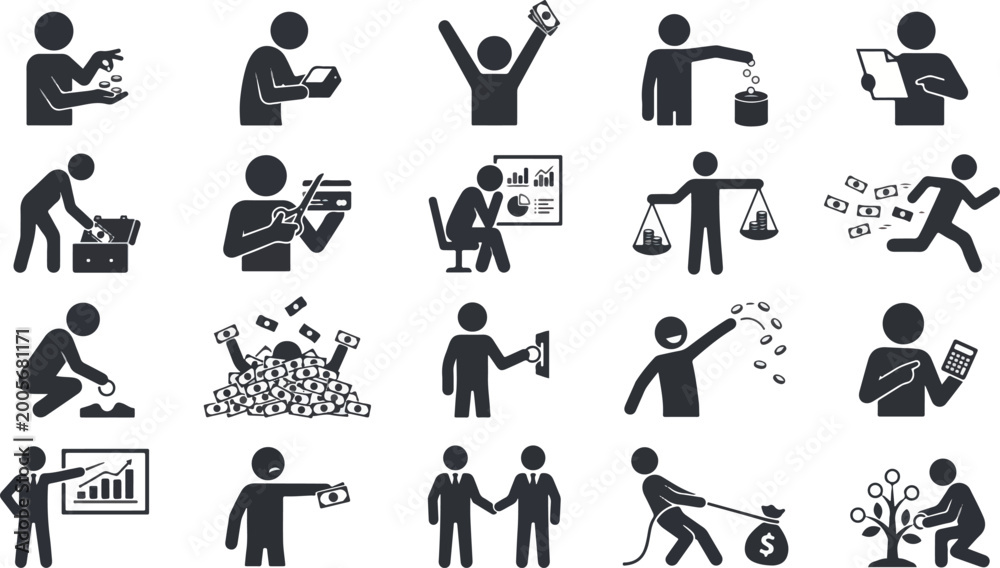 Obraz premium Personal Finance Behavior Character Set Showing Saving Spending Debt and Investment Actions in Clean Minimal Vector Style Illustration