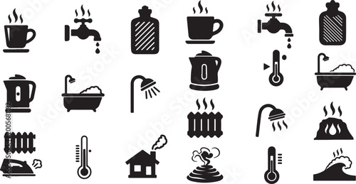 Icons representing heat water temperature with steam icon hot water drop black and white temperature radiator