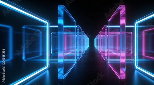 Abstract data integration background with opposing transparent frame structures, luminous blue inner edges and restrained magenta reflections for cloud connectivity, workflow orchestration and SaaS br