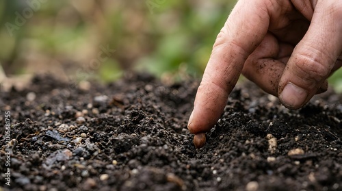 Hand touching dark fertile soil preparing for planting