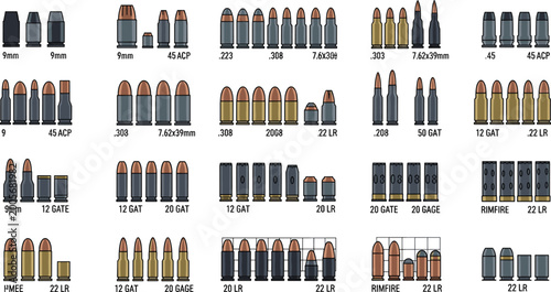 Bild auf Leinwand Ammunition Caliber Collection Vector Set Featuring Various Bullet Types, Cartrid