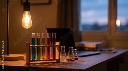 Warm Laboratory Desk with Test Tubes on Wooden Table