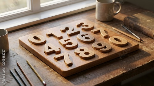 Wooden Number Puzzle on Rustic Desk by Window
