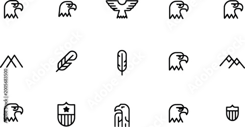 Tablou pe pânză Collection of eagle and mountain icons in various styles with mountain illustrat