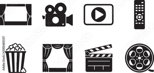 Film, cinema, movie icons, black vector set, 8 elements, filmstrip, clapperboard, popcorn