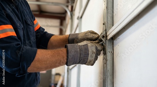 Repairman fixing garage door mechanism workshop maintenance action indoor environment close-up view