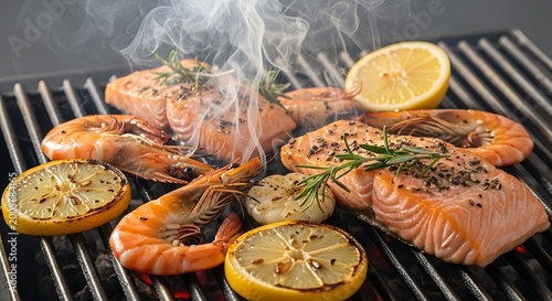 Grilled salmon shrimp and lemon on barbecue.