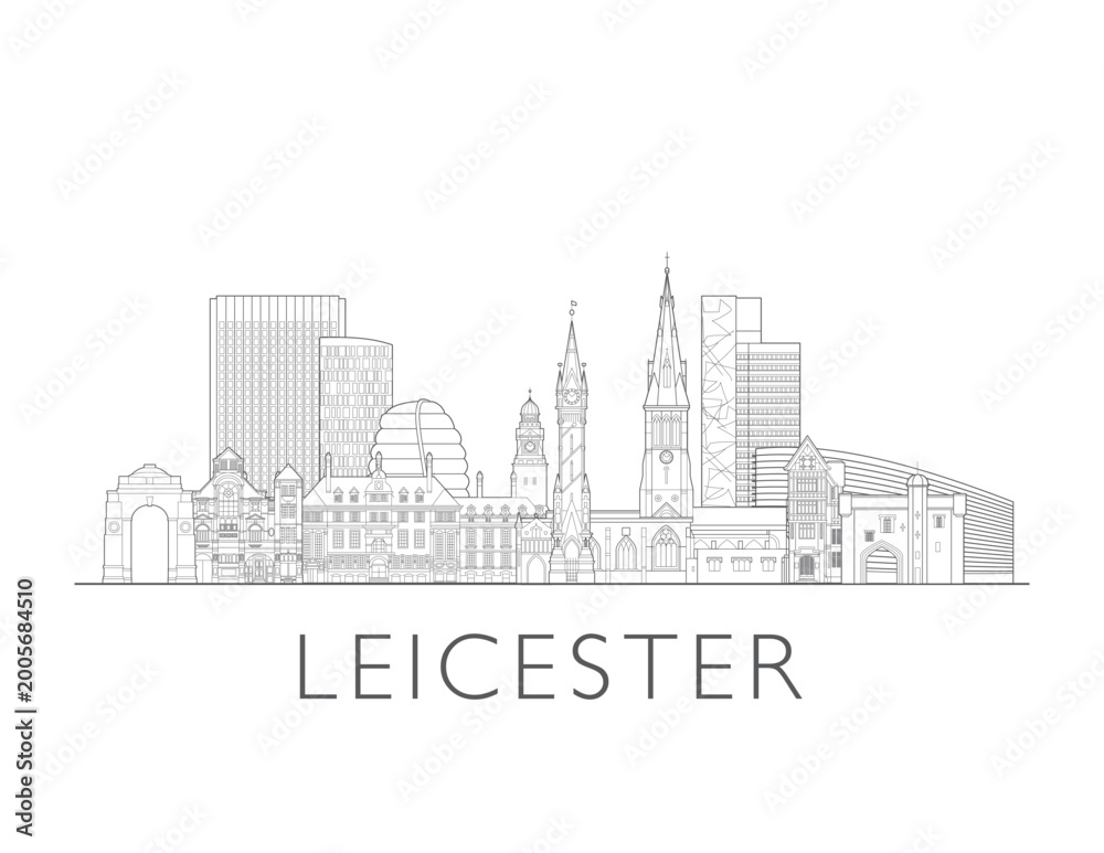 Obraz premium Leicester skyline, England. Urban cityscape with landmarks and monuments. Hand drawn line art digital skyline illustration in black and white.