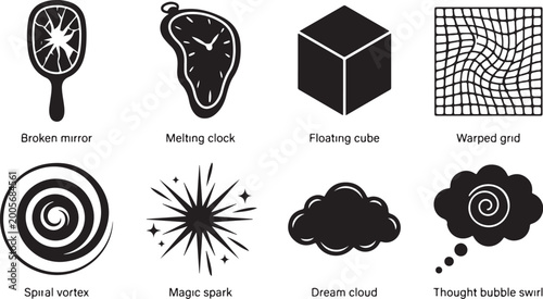 Fotografi Black and white surrealist icons, dreamlike symbols, abstract shapes, 8 vector g