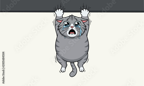 Canvas-taulu Playful gray cat clinging to a ledge with wide eyes and an expressive comical ex