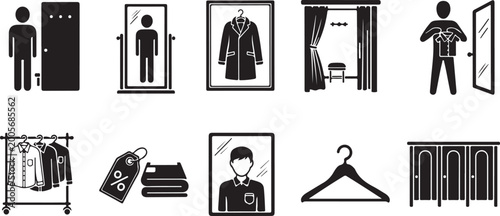 Clothing store vector icons set. fitting room, changing clothes, trying on, shopping, discount, hanger. fashion collection.