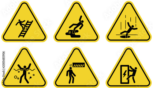 Fotografi Collection of yellow warning signs with pictograms for safety hazards including