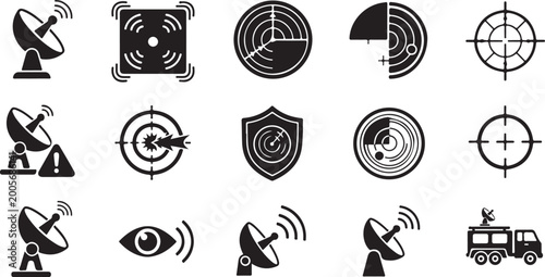 Black radar and satellite communication icons set including target scope antenna dish surveillance and tracking signal symbols.