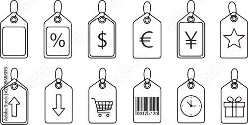 Set of price tags icons on transparent background shopping labels with discount currency symbols.