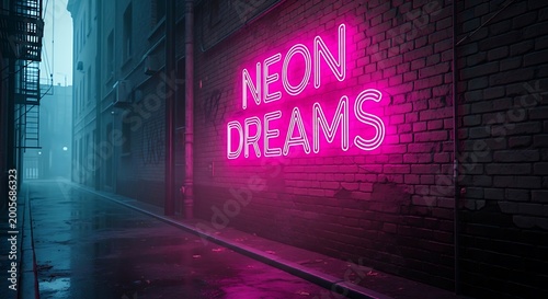 neon dreams sign in alleyway at night.