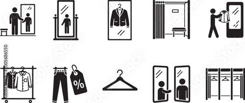 Clothing store fitting room icons showing people trying on suits and apparel with mirrors hangers and garment racks in retail setting.