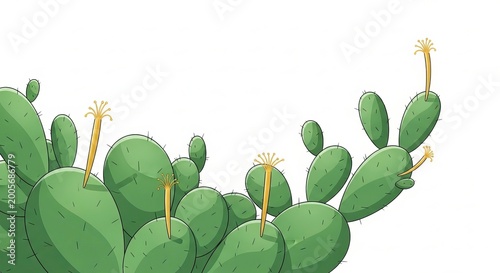 Colorful illustration of prickly pear cactus pads with blooming flowers