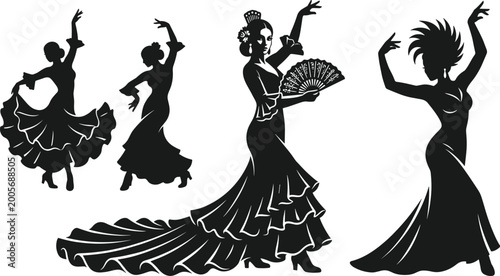 Flamenco dancer silhouettes with fan and flowing dress spanish dance vector collection elegant black figures isolated