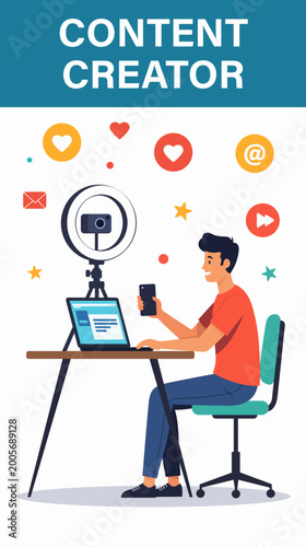 Content creator man laptop ring light