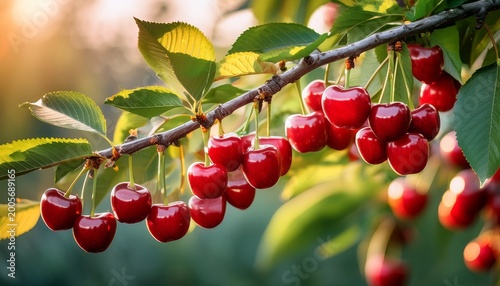 red cherries on a cherry tree branch in orchard
