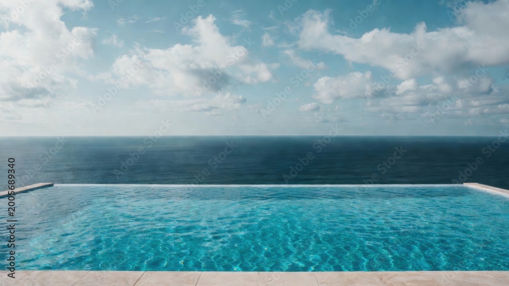 Fototapeta premium Infinity pool facing calm sea under cloudy morning sky
