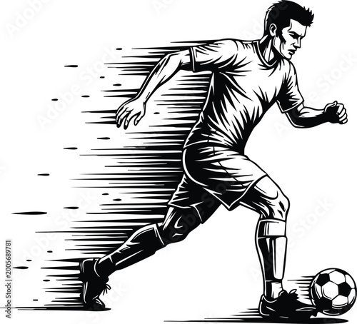 Soccer striker running and kicking the ball, dynamic vintage woodcut illustration