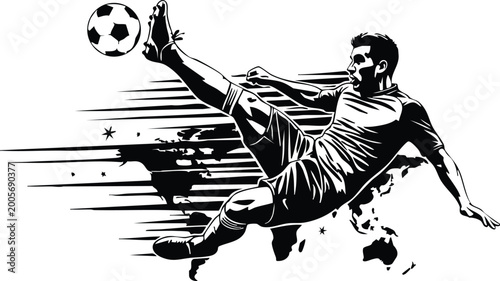 Soccer player executing an acrobatic bicycle kick, vintage engraving illustration