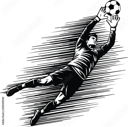 Goalkeeper making a diving save, vintage engraving style soccer illustration