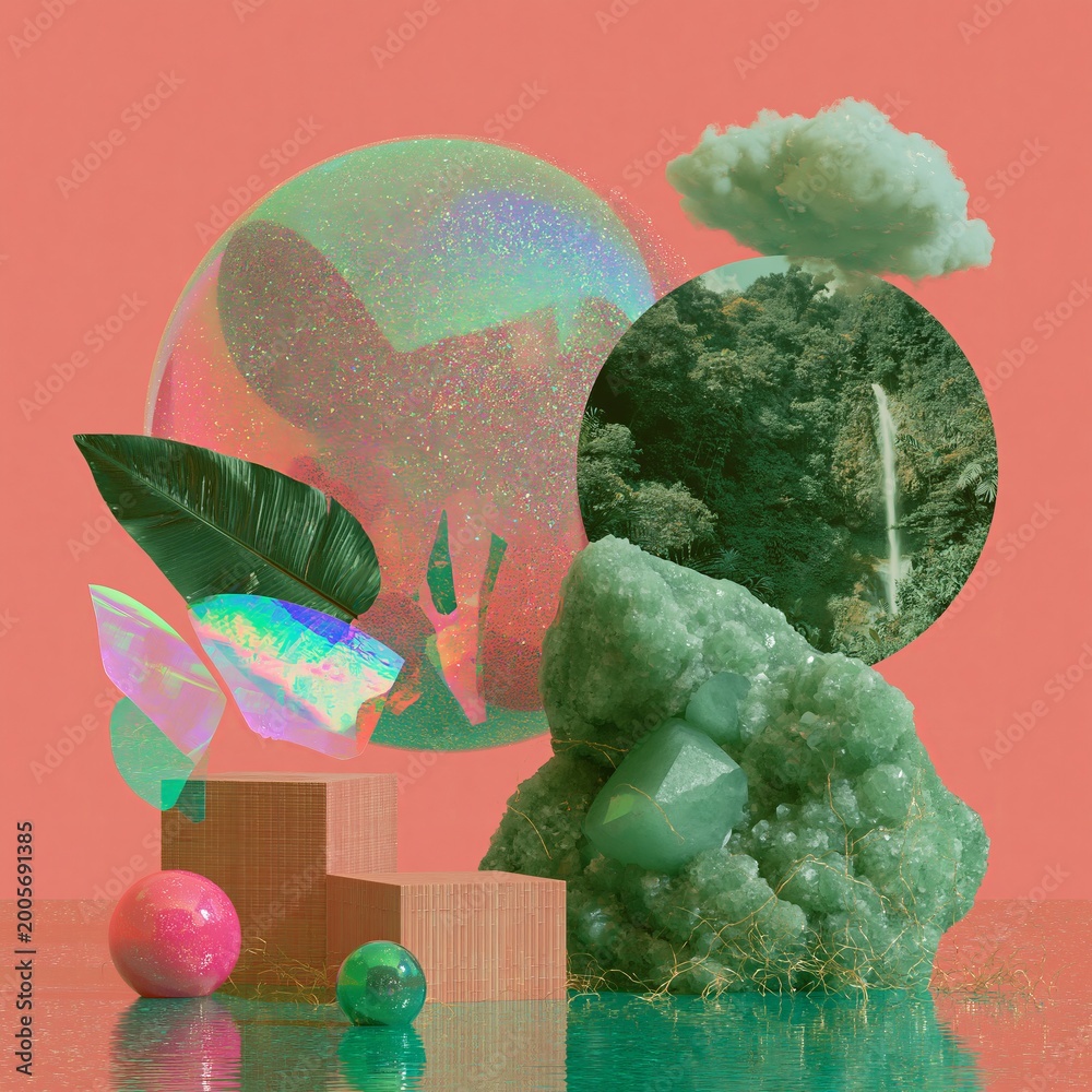 Naklejka premium Surreal digital collage featuring geometric shapes, natural elements, and vibrant colors on a vivid coral pink background with abstract textures and forms