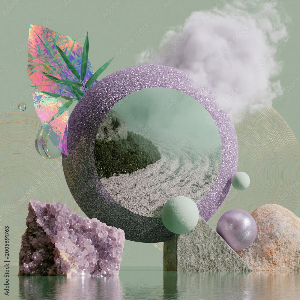 Naklejka premium Surreal digital collage featuring a reflective sphere, textured surfaces, and abstract elements on a warm sage green background, showcasing vibrant colors and geometric shapes