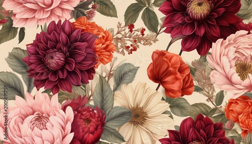 seamless vintage floral pattern with burgundy dahlias coral anemones and peach peonies on beige background