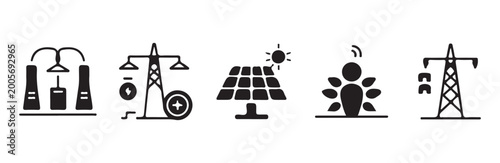Photography Energy production power grid solar panel icon set.