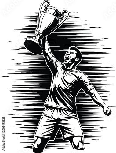 Soccer champion celebrating victory with trophy, vintage engraving style