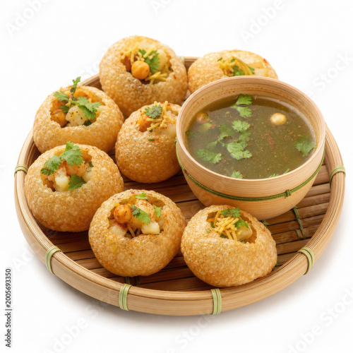 Pani Puri Gol Gappa on Bamboo Plate Isolated on White Background Square Composition Studio Shot