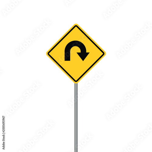 Free Download Yellow diamond-shaped road warning sign indicating a U-turn ahead vector design, mounted on a silver pole on a white background. - GFXLoad