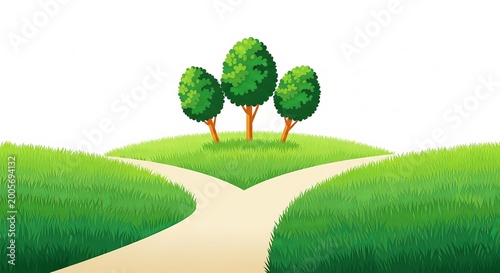 Illustration of a winding dirt path leading to green trees on grassy hill