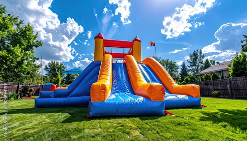 Vibrant inflatable bouncy slide in a sunny backyard, ready for summer fun. Bright colors and clear blue sky create a perfect scene for childhood amusement and outdoor recreation.