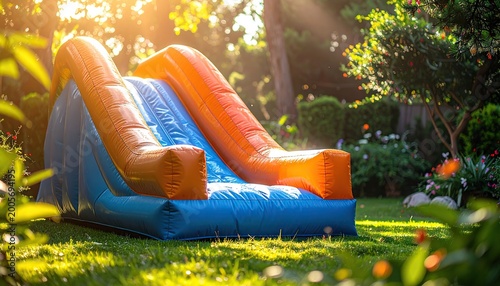 Vibrant inflatable water slide in a sunny green garden, bathed in warm light. Ideal for summer fun, childhood play, and outdoor recreation.