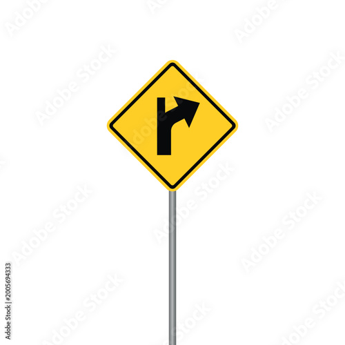 Free Download Yellow diamond-shaped road sign indicating a 
Right Curve with Side Road Sign vector design, mounted on a metal pole on a white background. - GFXLoad